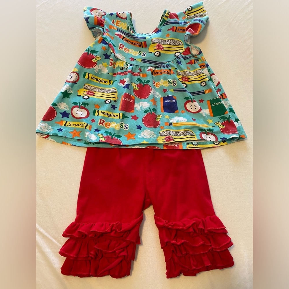 Toddler Girl Back-to-School Colorful Outfit with Red Ruffle Shorts 🍎 🌍 - Size 2T